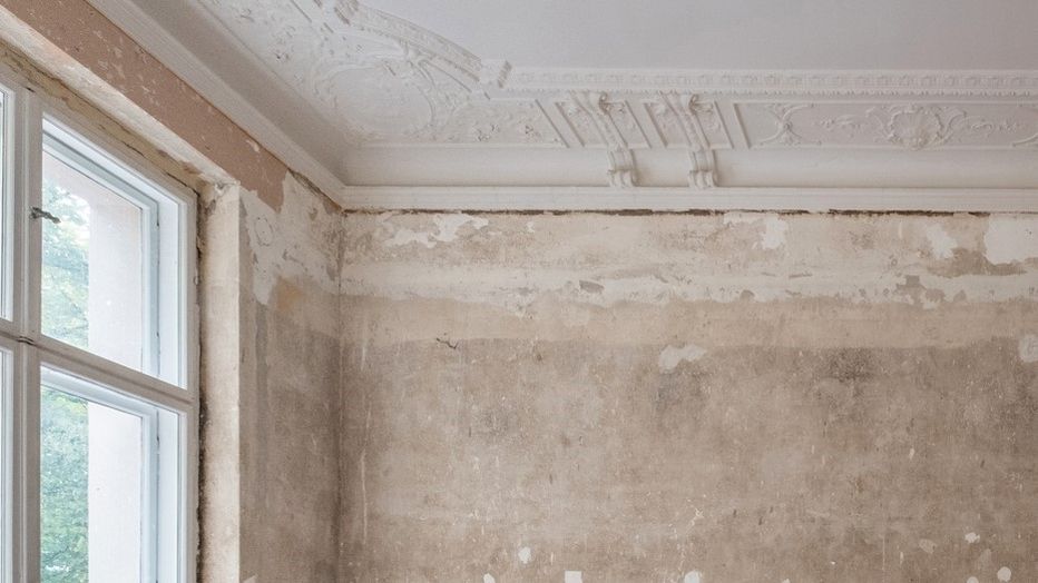 Raum mit großen Fenstern, Wänden mit abblätterndem Putz und dekorativem Stuck an der Decke.
